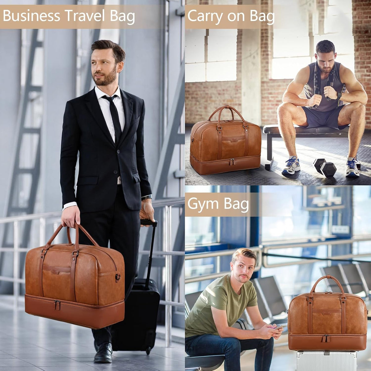 4-In-1 Waterproof Faux Leather Overnight Travel Bag for Women Men