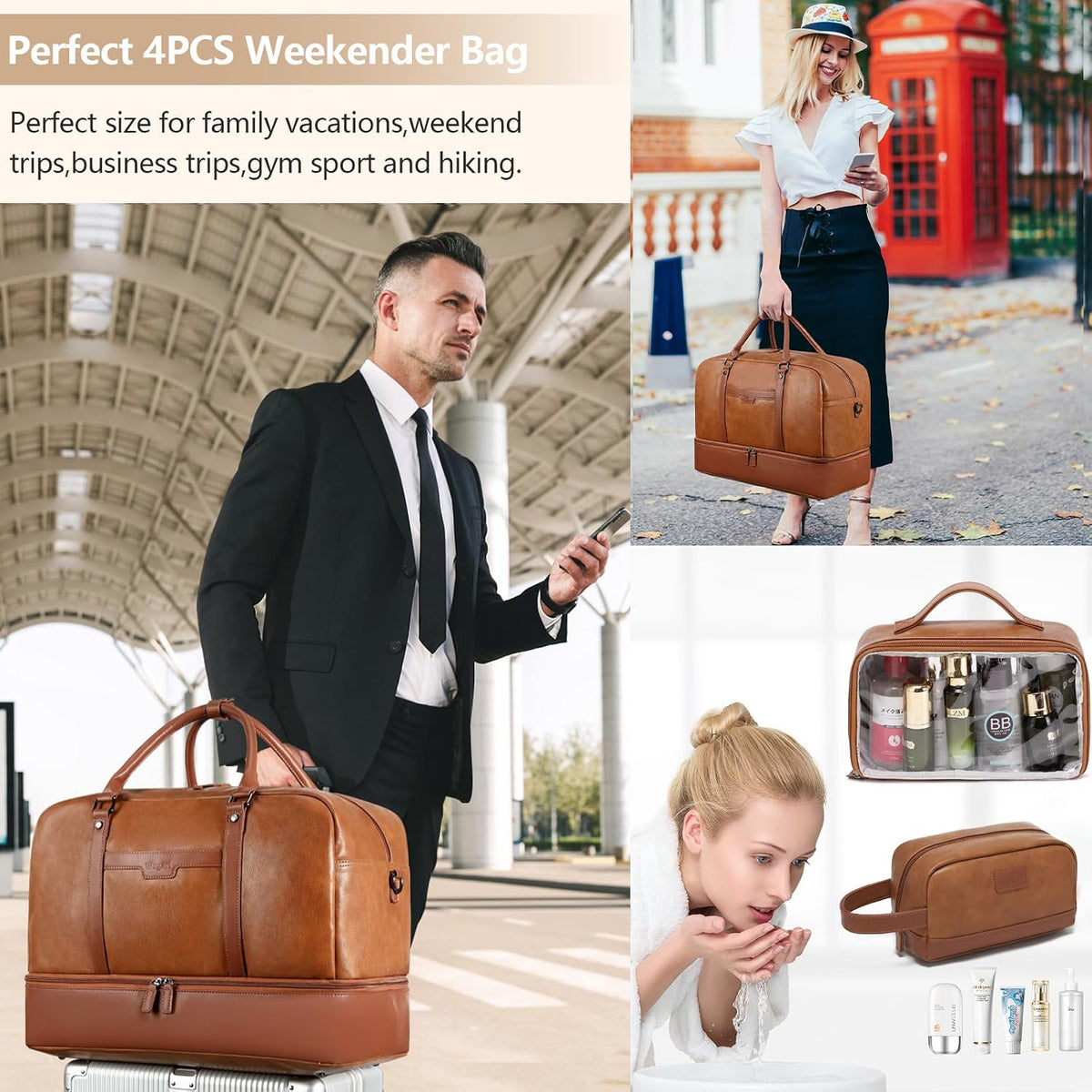 4-In-1 Waterproof Faux Leather Overnight Travel Bag for Women Men